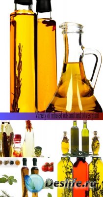 Stock Photo: Variety of infused oils and and olives plant