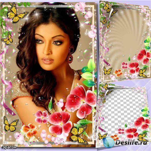 Женская рамка для фотошопа – С цветами и бабочками