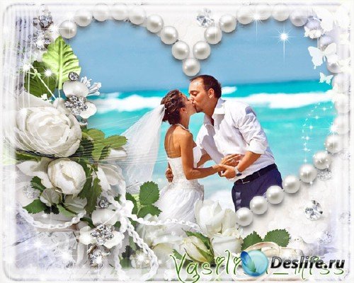 Ажурная свадебная фоторамочка с белыми розами и бабочками
