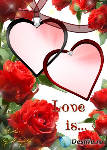 Рамка для фотошопа - Красные розы, два сердца, романтика, любовь