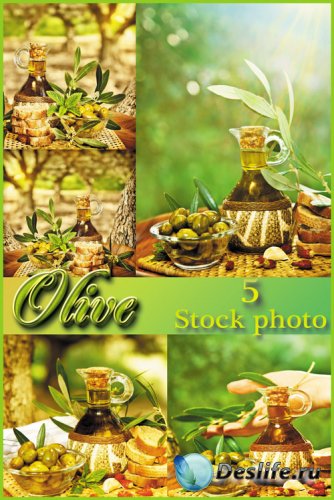Оливки, оливковое масло на чудесном природном фоне - растровый клипарт