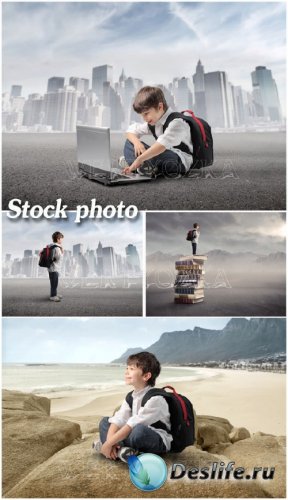    / Boy with a laptop and a backpack - Raster clipart