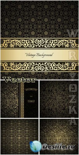       / Black vintage background with golden ornaments - vector