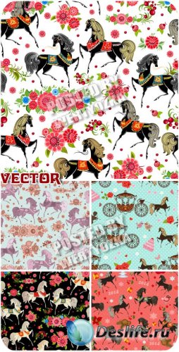       / Vector background with horses and flowers