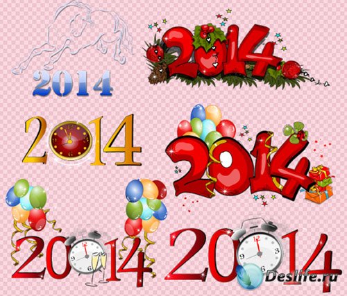 Клипарт - Цифры надписи к новому году 2014 с часами на прозрачном фоне PSD