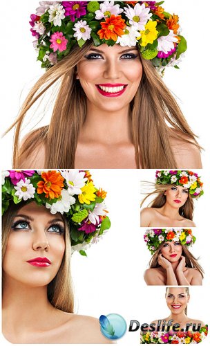       / Beautiful girl in a wreath of flowers - Stock Photo