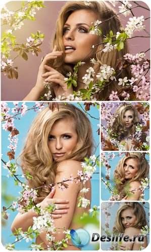       / Beautiful girl and spring flowering tree - Stock Photo