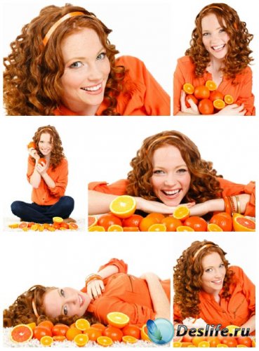      / Red-haired young woman with citrus - Stock photo