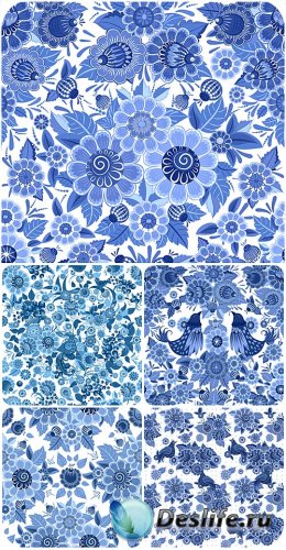     ,  / Blue floral background with birds, ...