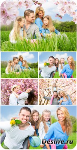    , ,  / Happy family in nature, parents, children - Stock photo