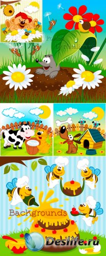 Детские фоны в Векторе с яркими цветами и животными