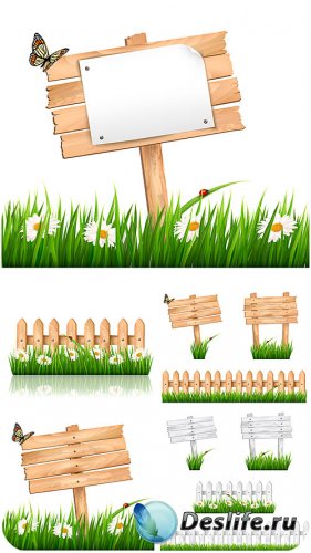  ,      / Wooden plaque, grass and daisies vector