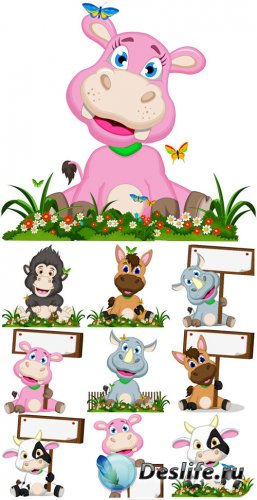 Животные с табличками, лошадка, носорог в векторе / Animals, horse, rhino v ...