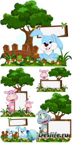 Животные с табличками, зайчик и носорог в векторе / Animals, bunny and rhin ...