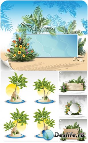 Морской вектор с пальмами и экзотическими цветами / Marine background with  ...