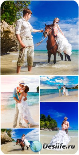       / Bride and groom on the beach - Stock Photo