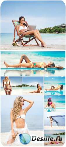   , , ,  / Girls in bathing suits, summer, sea, beach - Stock Photo