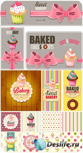       / Labels and vector backgrounds with cupcakes
