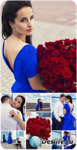     / Couple in love, girl with roses - Stock  ...
