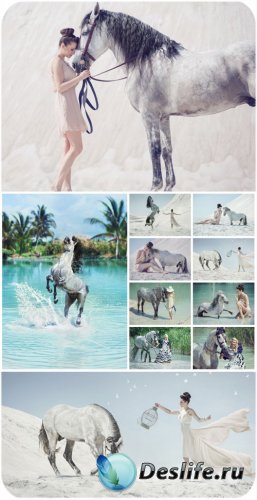   ,  / Girls and horses, nature - Stock Photo