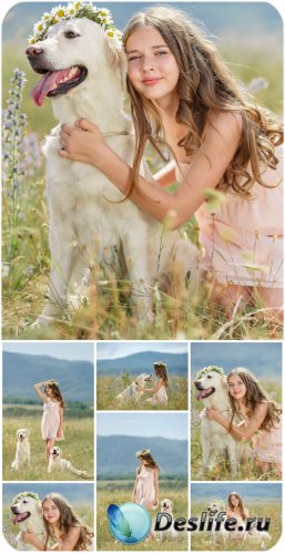      / Girl with a dog on the nature - Stock Photo