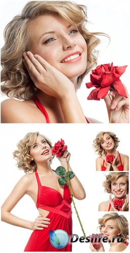 Девушка в красном платье с розой / Girl in a red dress with a rose - Stock Photo