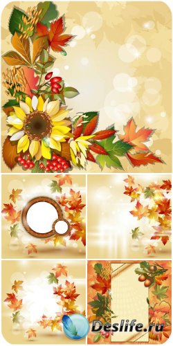        / Autumn vector background with sunflowers and leaves