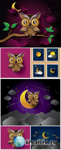 ,     / Owl, night sky vector