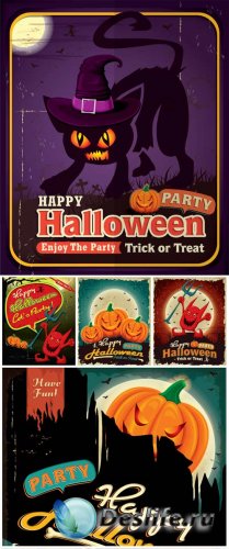 ,    ,    / Halloween black cat and pumpkin, vector backgrounds