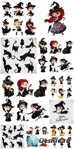   ,      / Halloween vector, little witches and black cats