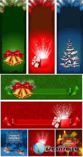  ,      / Christmas vector, banners with bells and tree
