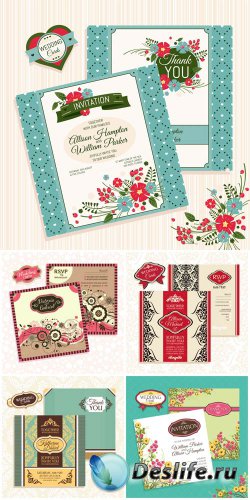 Wedding invitation with flowers and vintage pattern, vector