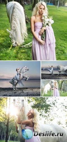 Girl with a white horse - stock photos