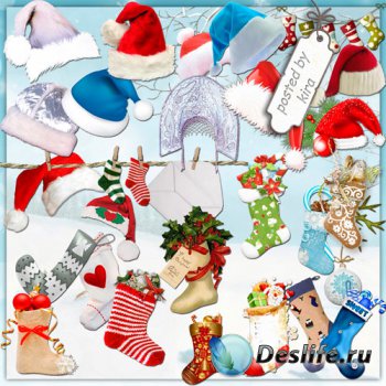Клипарт на прозрачном фоне - Рождественские носки и шапки
